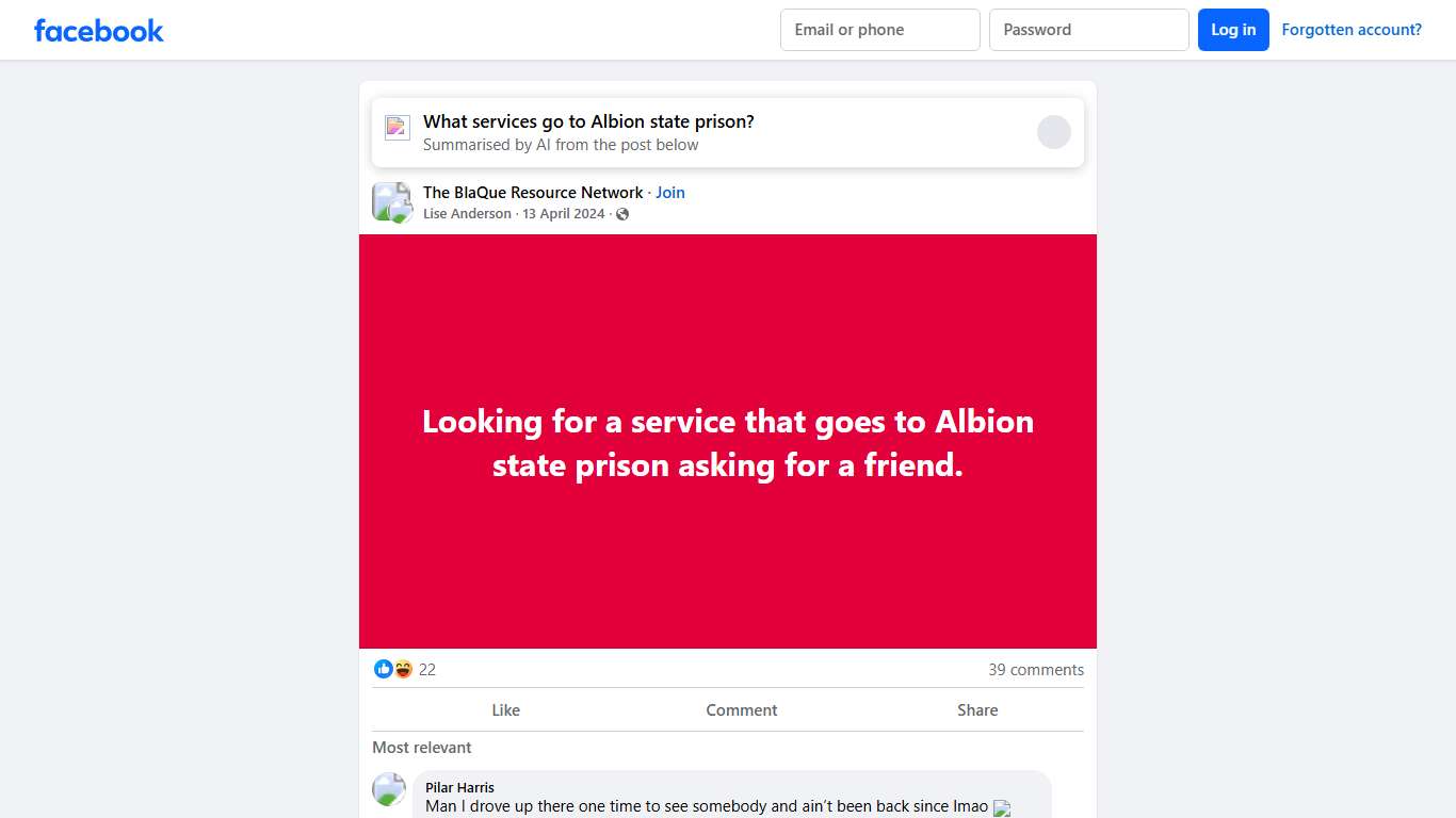 The BlaQue Resource Network Looking for a service that goes to Albion state prison asking for a friend. Facebook